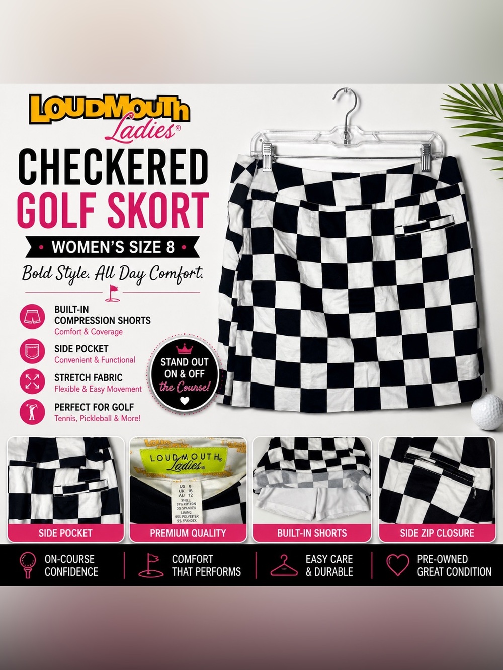 Loudmouth Ladies Black & White Checkered Golf Skort Size 8 Built-In Shorts